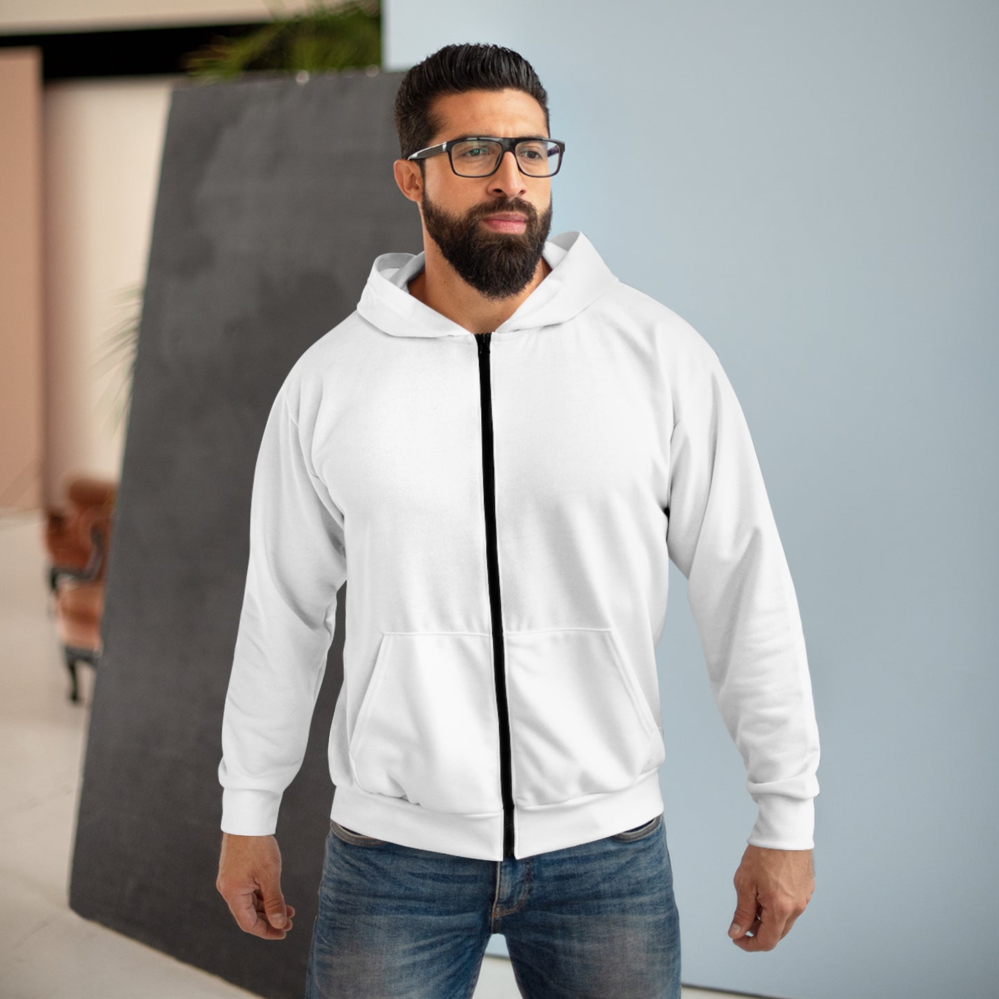 White - Stay Low Key and Flex Occasionally Unisex Zip Hoodie (AOP)