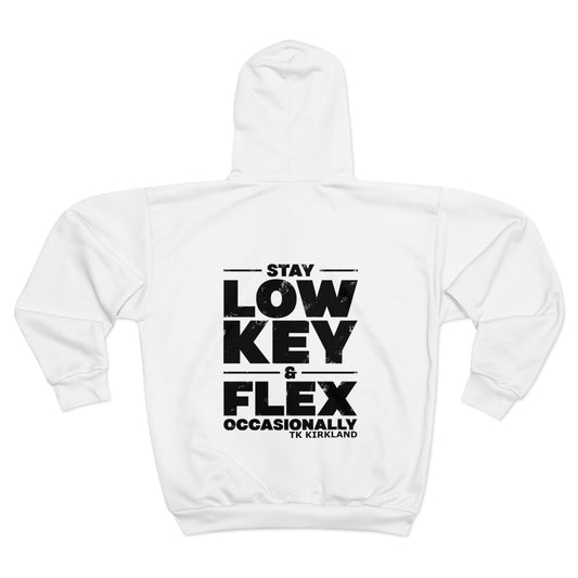 White - Stay Low Key and Flex Occasionally Unisex Zip Hoodie (AOP)